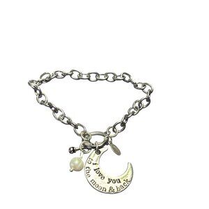Silvertone Charm Bracelet Crescent Moon Heart I Love You to the Moon and Back